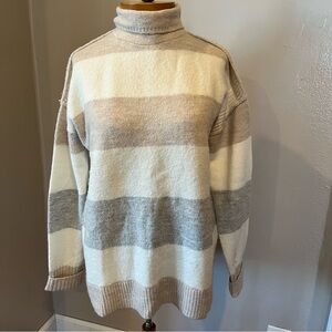 Gap Neutral Stripes Long Sleeve Turtleneck Wool Blend Sweater Womens Medium Tall